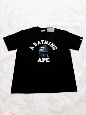 A Bathing Ape Black Graphic Logo Tee with Blue Camo Ape